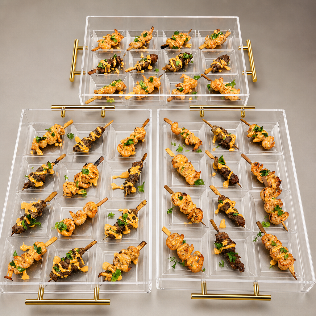 Appetizer skewers on acrylic display tray